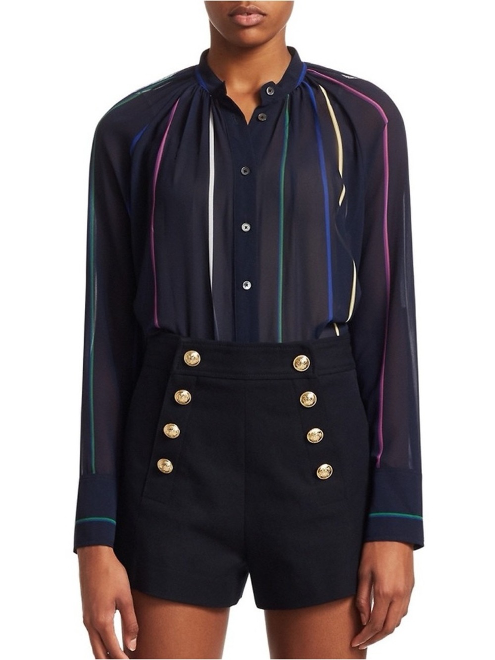 DEREK LAM 10 CROSBY Blue Rainbow Striped Mandarin Collar Blouse Size 8